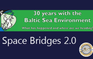 Blue image with text Space Bridges 2.0. 30 years with Baltic Sea Environment .